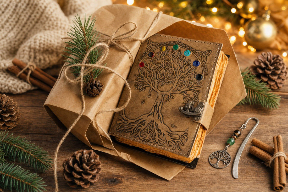 Cadou de Crăciun: jurnal handmade din piele împachetat festiv