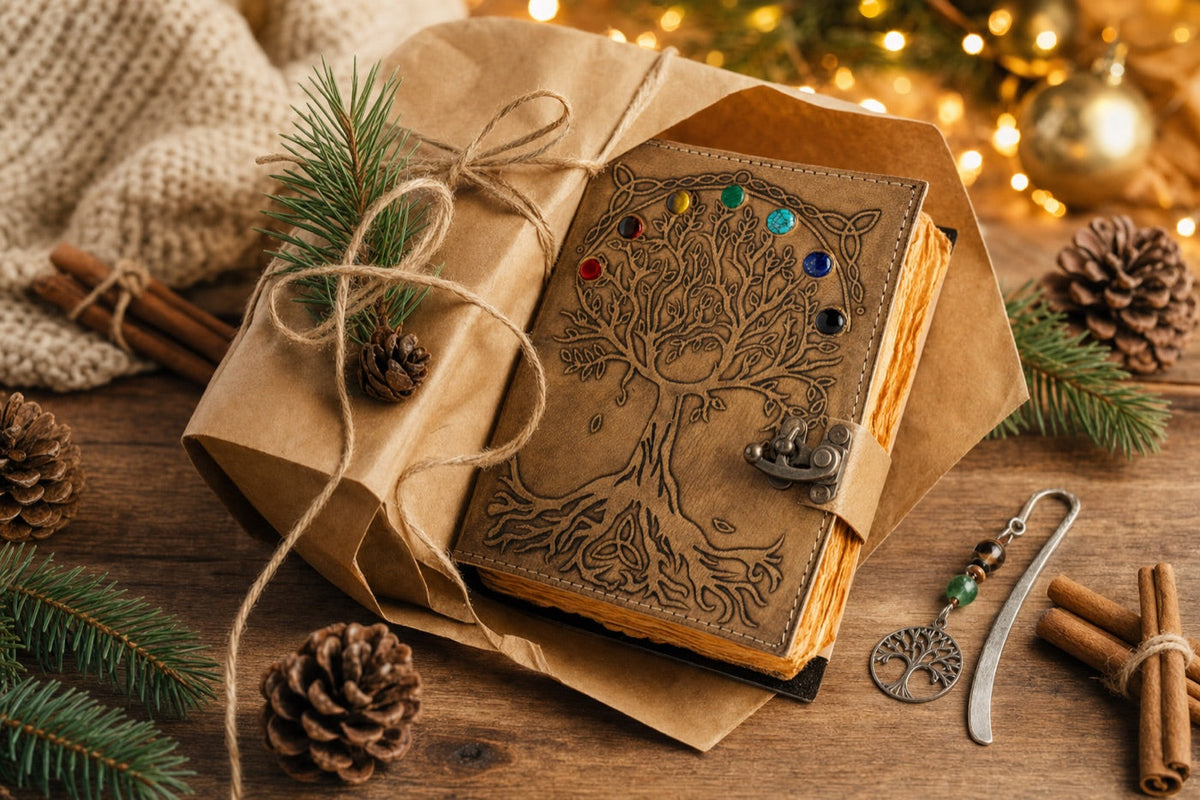 Cadou de Crăciun: jurnal handmade din piele împachetat festiv