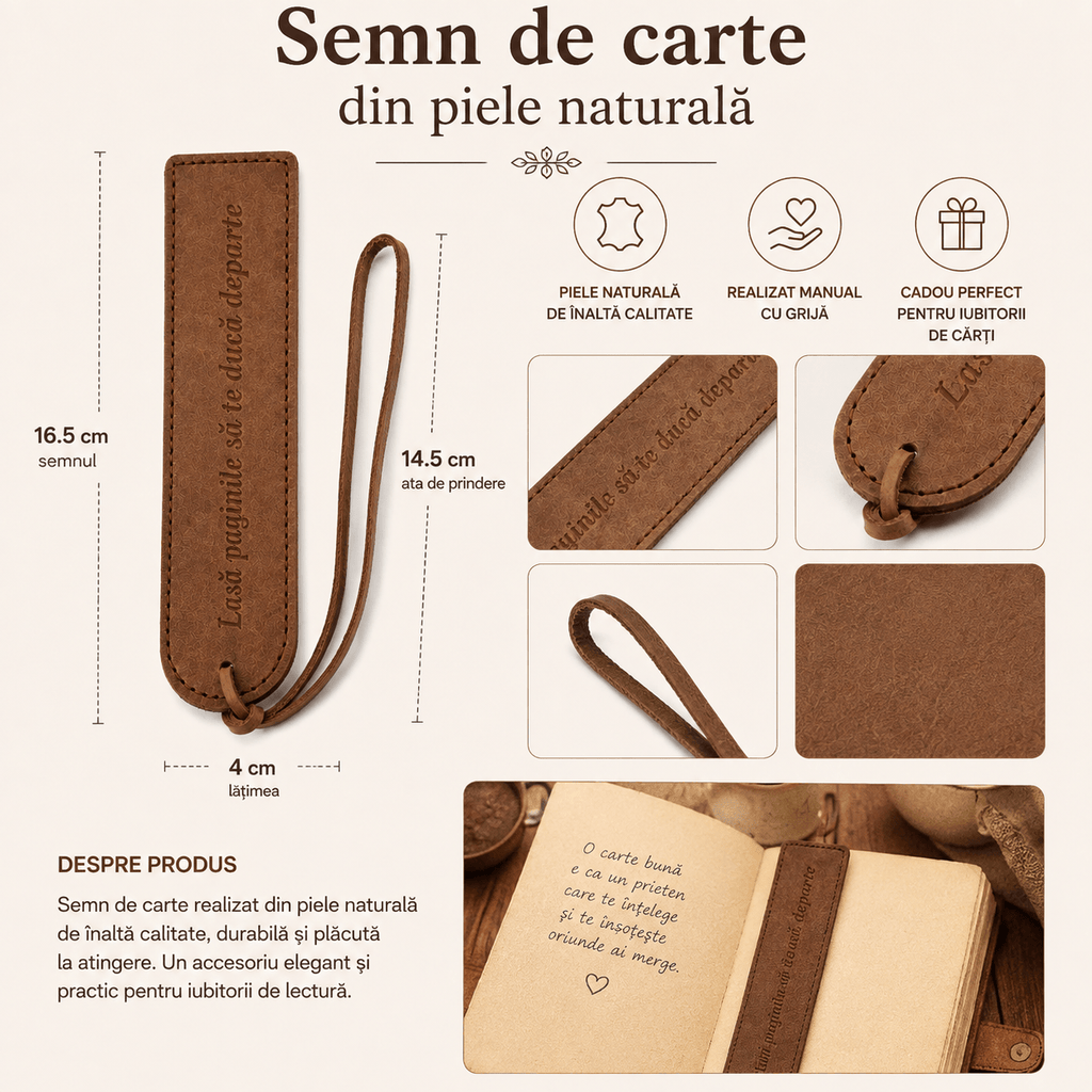 JurnaleVintage Semn de carte Semn de Carte din Piele Naturala cu Mesaj Gravat "Lasa paginile sa te duca departe" - cadou elegant pentru iubitorii de carti