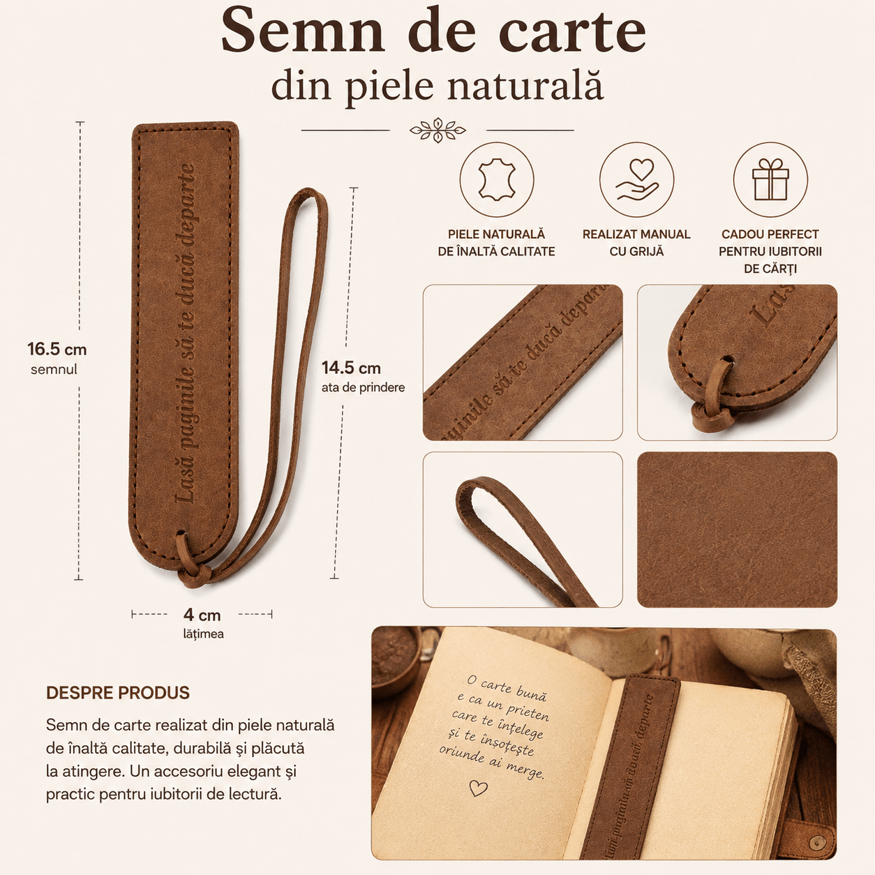 JurnaleVintage Semn de carte Semn de Carte din Piele Naturala cu Mesaj Gravat "Lasa paginile sa te duca departe" - cadou elegant pentru iubitorii de carti