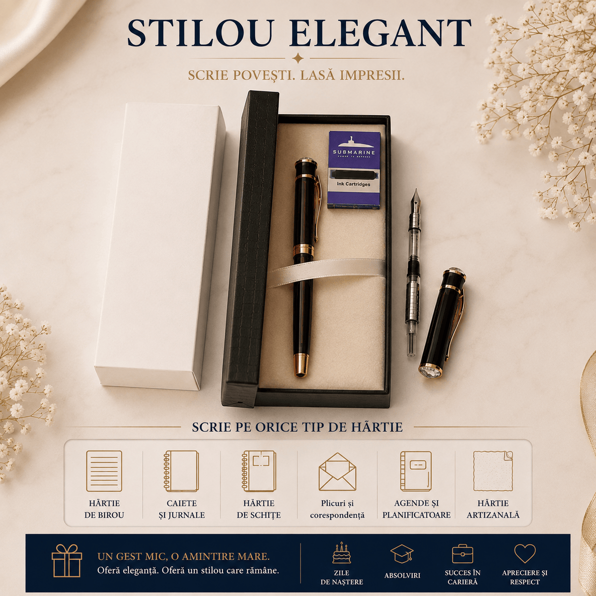 JurnaleVintage Set stilou Set stilou Submarine negru cu auriu - Un cadou care impresionează