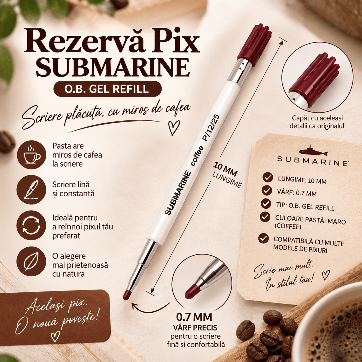 Submarine Rezervă pix Rezervă Pix Submarine Coffee O.B. Gel 0.7 mm cu Miros de Cafea