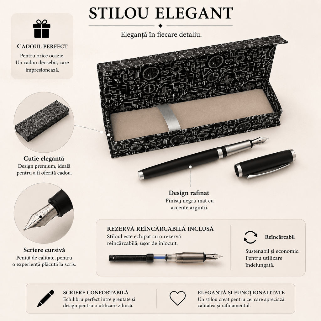 JurnaleVintage Stilou Stilou negru mat metalic cu prindere nealunecoasă - Cadou elegant
