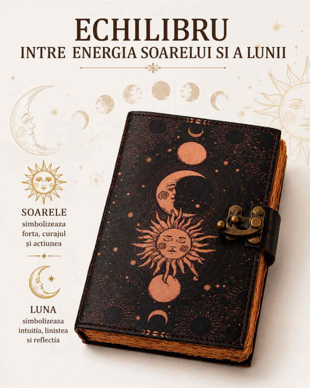 JurnaleVintage Jurnal 18x13 cm / Bumbac galben Jurnal Vintage din Piele cu Design Soare și Lună - Manual, cu Pagini de Hârtie Bumbac Galben 190-200 Pagini