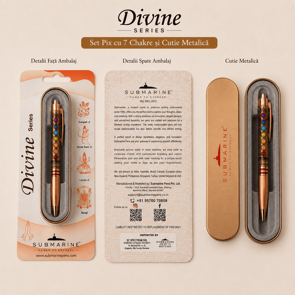 JurnaleVintage Set stilou Set pix metalic cu 7 chakre și cutie metalică - Cadou special