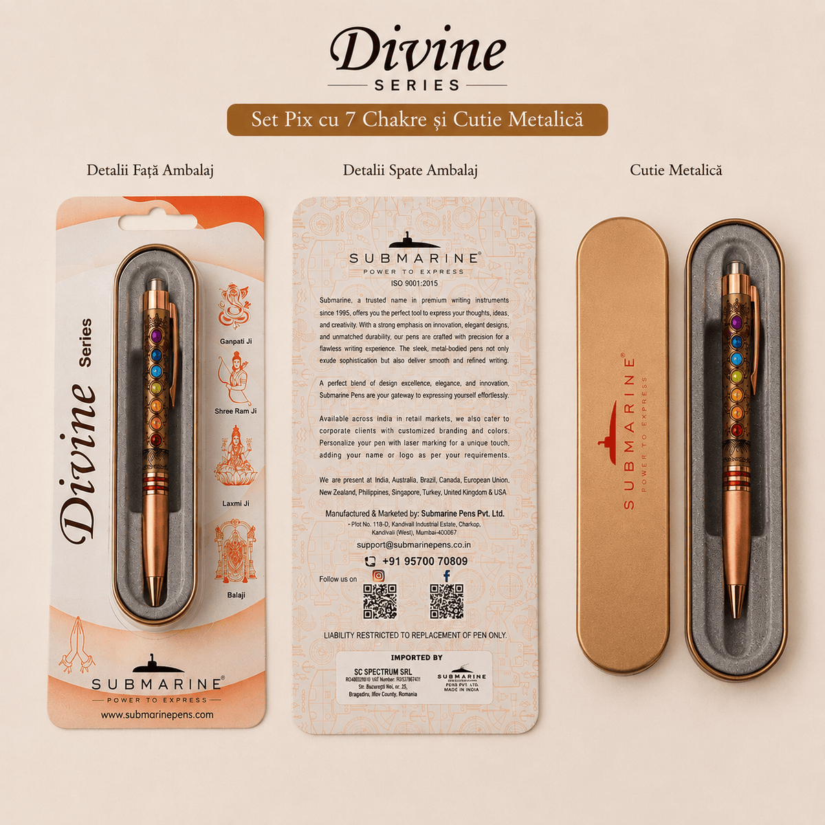 JurnaleVintage Set stilou Set pix metalic cu 7 chakre și cutie metalică - Cadou special