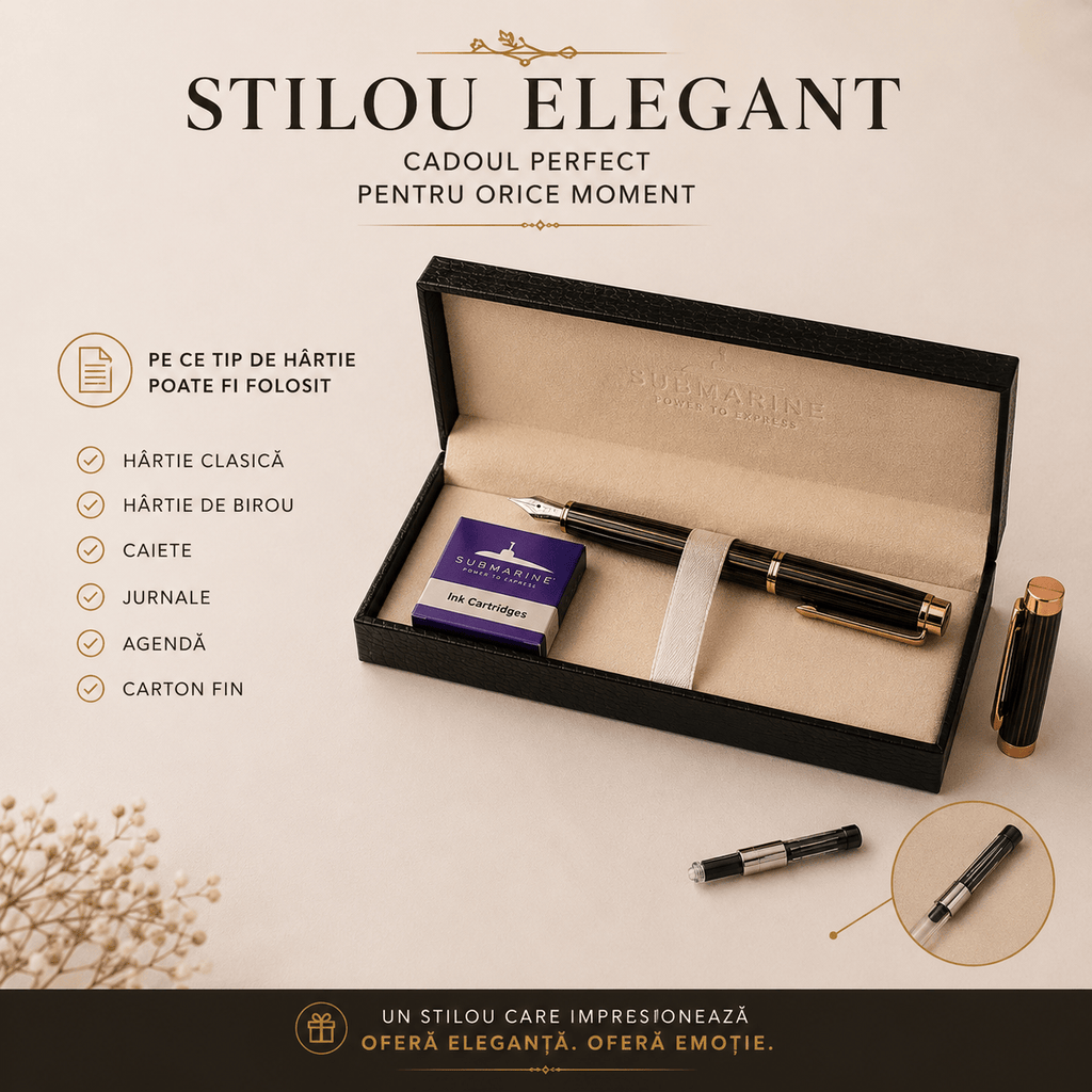 JurnaleVintage Set stilou Set stilou Submarine negru cu auriu și 5 rezerve