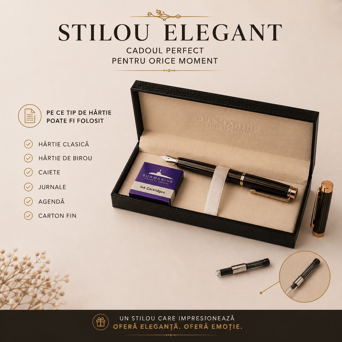 JurnaleVintage Set stilou Set stilou Submarine negru cu auriu și 5 rezerve