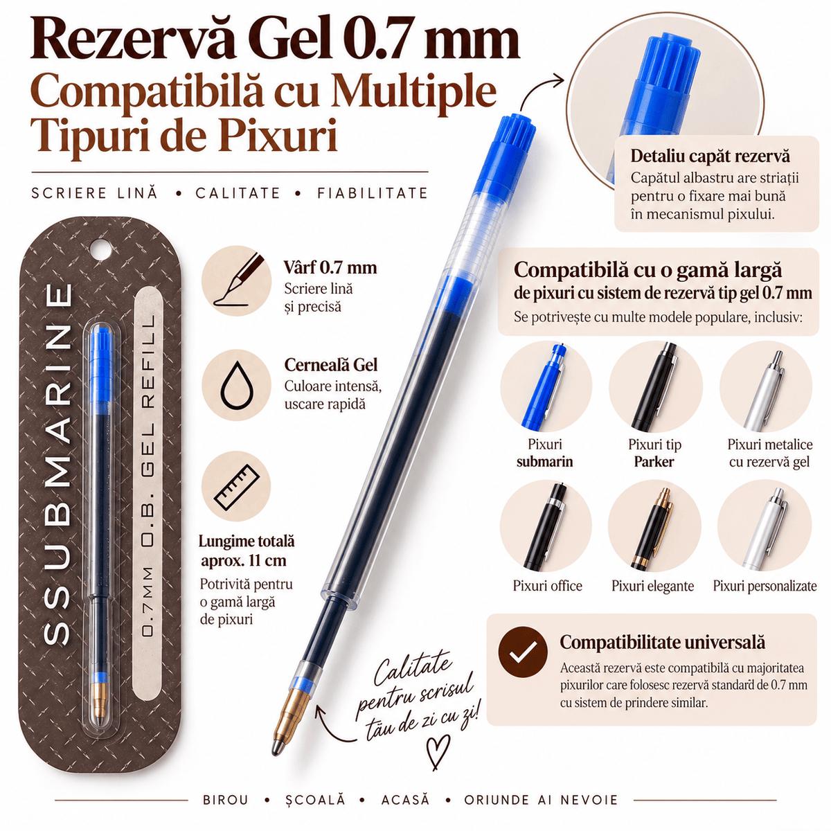 Submarine Rezervă pix Rezervă Pix Submarine Polly Gel 0.7 mm cu Pastă Albastră