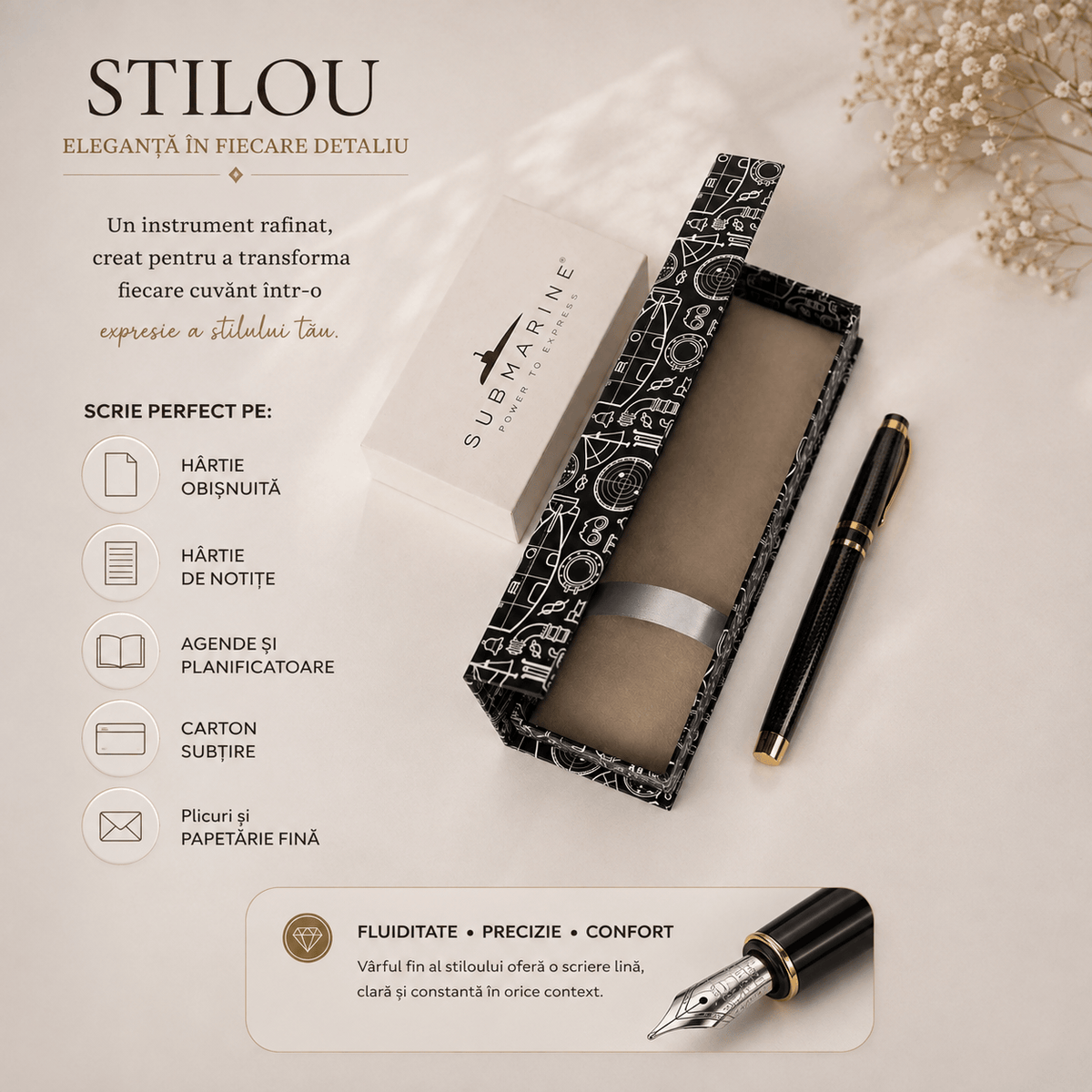 JurnaleVintage Stilou Stilou elegant gri cu auriu metalic - Cadou deosebit