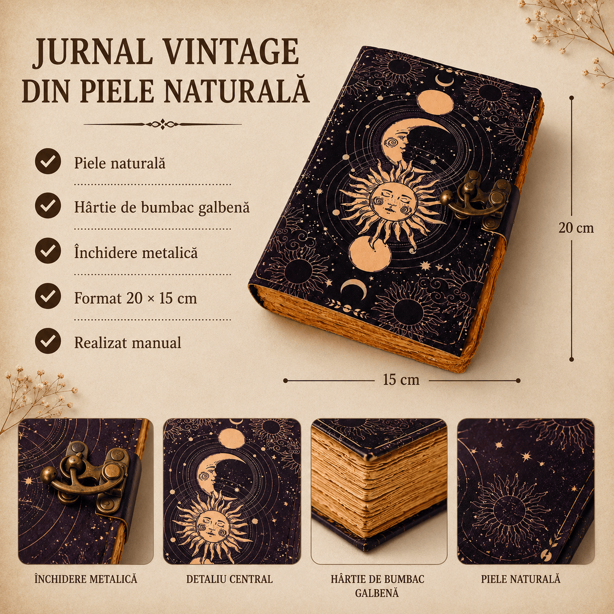JurnaleVintage Jurnal Jurnal Fazele Lunii din Piele Naturală - hârtie bumbac galben 20x15 cm