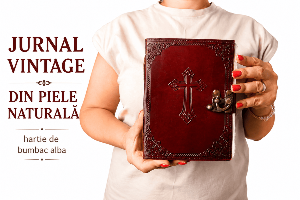 JurnaleVintage Jurnal Jurnal Vintage din Piele Naturală cu Cruce - hârtie bumbac alb 20x15 cm