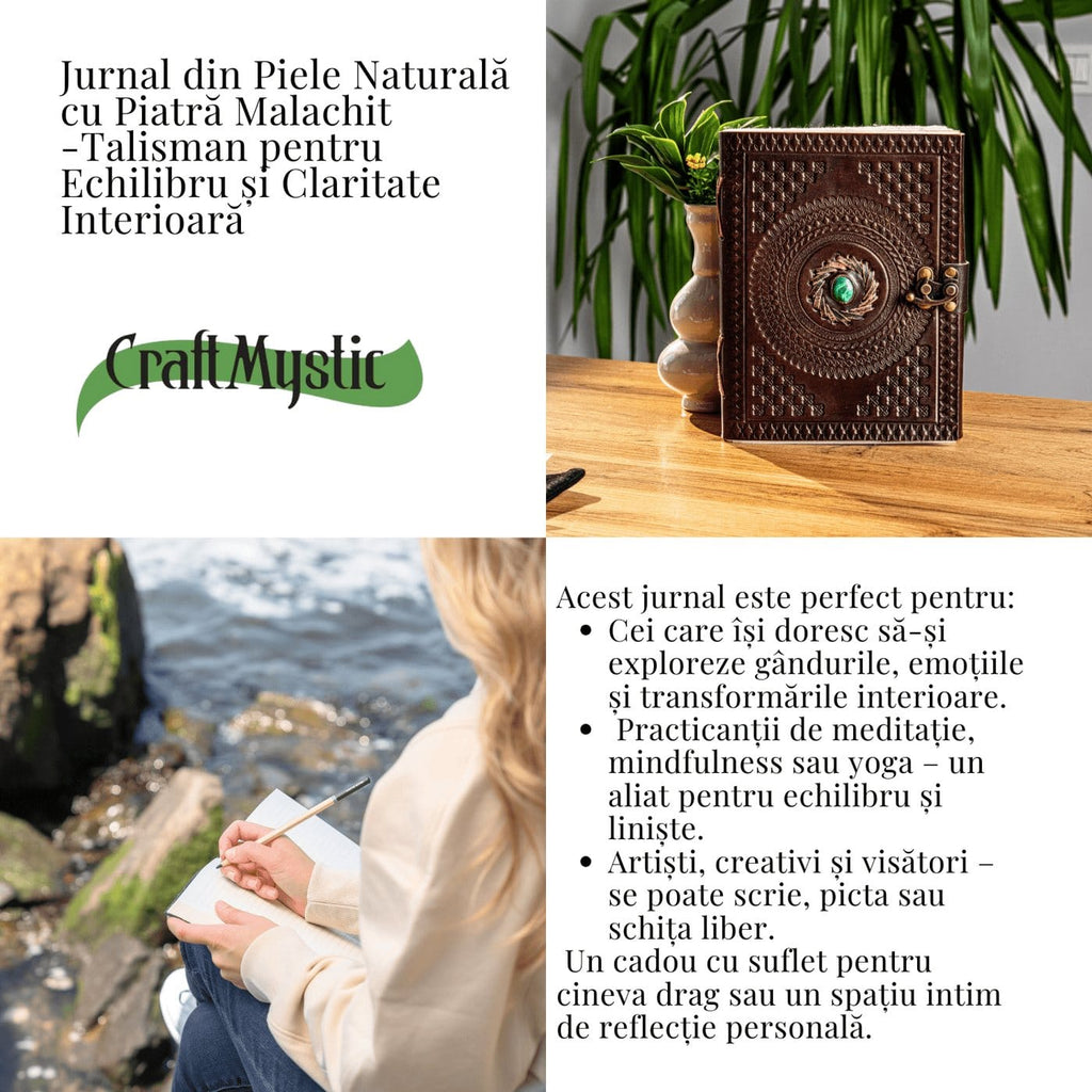 JurnaleVintage Jurnal 20x15 cm / Bumbac alb Jurnal din piele naturala cu piatra Malachit - Talisman pentru echilibru si claritate interioara