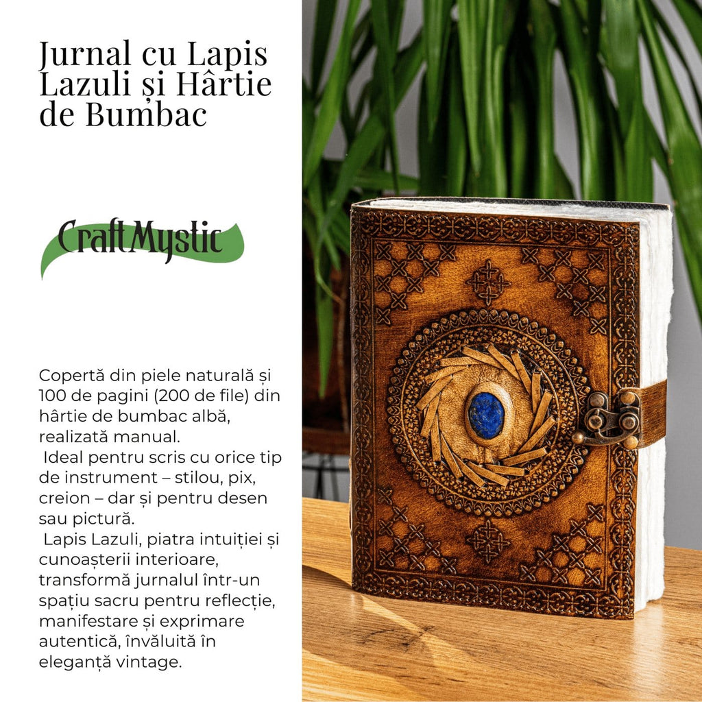 JurnaleVintage Jurnal 20x15 cm / Bumbac alb Jurnal din piele naturala cu Lapis Lazuli si hartie de bumbac - Calatorie interioara in stil vintage
