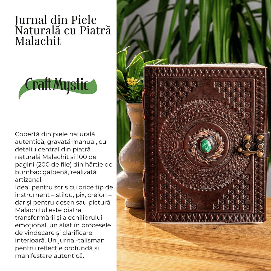 JurnaleVintage Jurnal 20x15 cm / Bumbac alb Jurnal din piele naturala cu piatra Malachit - Talisman pentru echilibru si claritate interioara