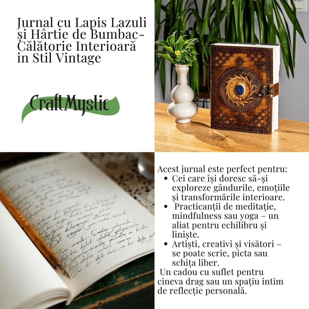 JurnaleVintage Jurnal 20x15 cm / Bumbac alb Jurnal din piele naturala cu Lapis Lazuli si hartie de bumbac - Calatorie interioara in stil vintage