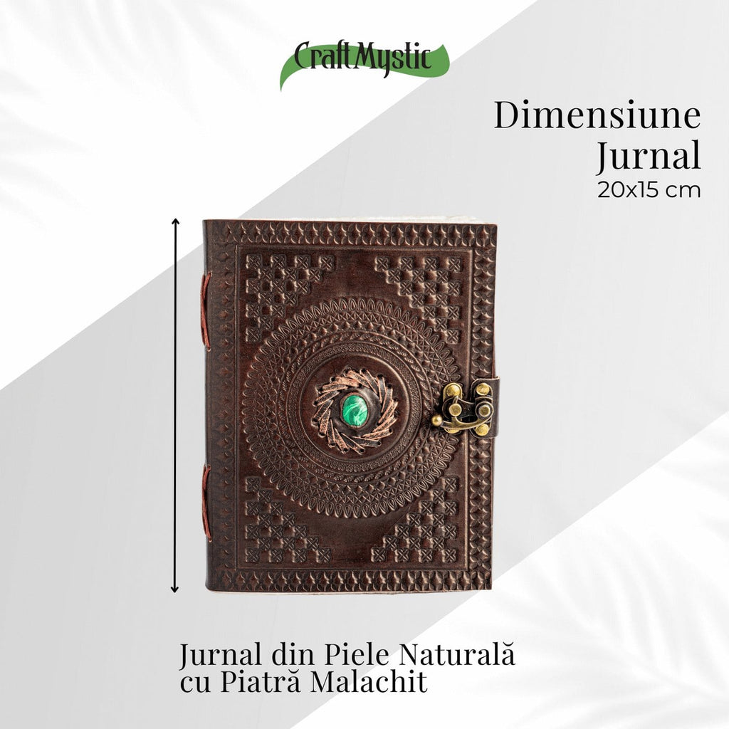 JurnaleVintage Jurnal 20x15 cm / Bumbac alb Jurnal din piele naturala cu piatra Malachit - Talisman pentru echilibru si claritate interioara