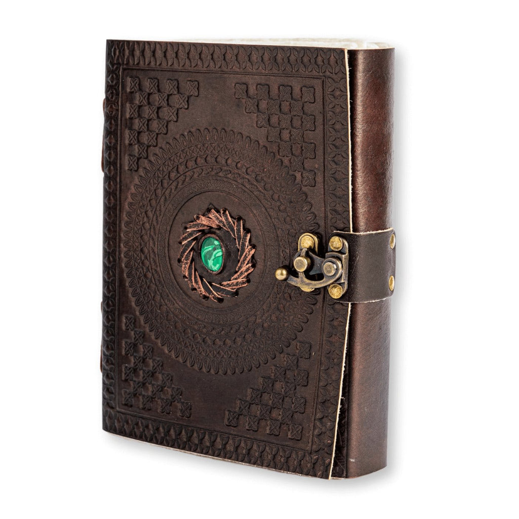 JurnaleVintage Jurnal 20x15 cm / Bumbac alb Jurnal din piele naturala cu piatra Malachit - Talisman pentru echilibru si claritate interioara