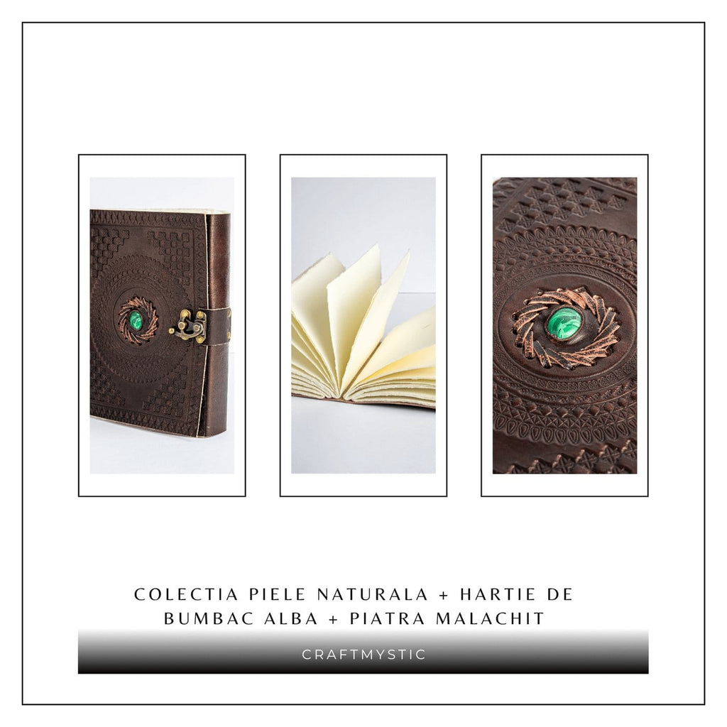 JurnaleVintage Jurnal 20x15 cm / Bumbac alb Jurnal din piele naturala cu piatra Malachit - Talisman pentru echilibru si claritate interioara