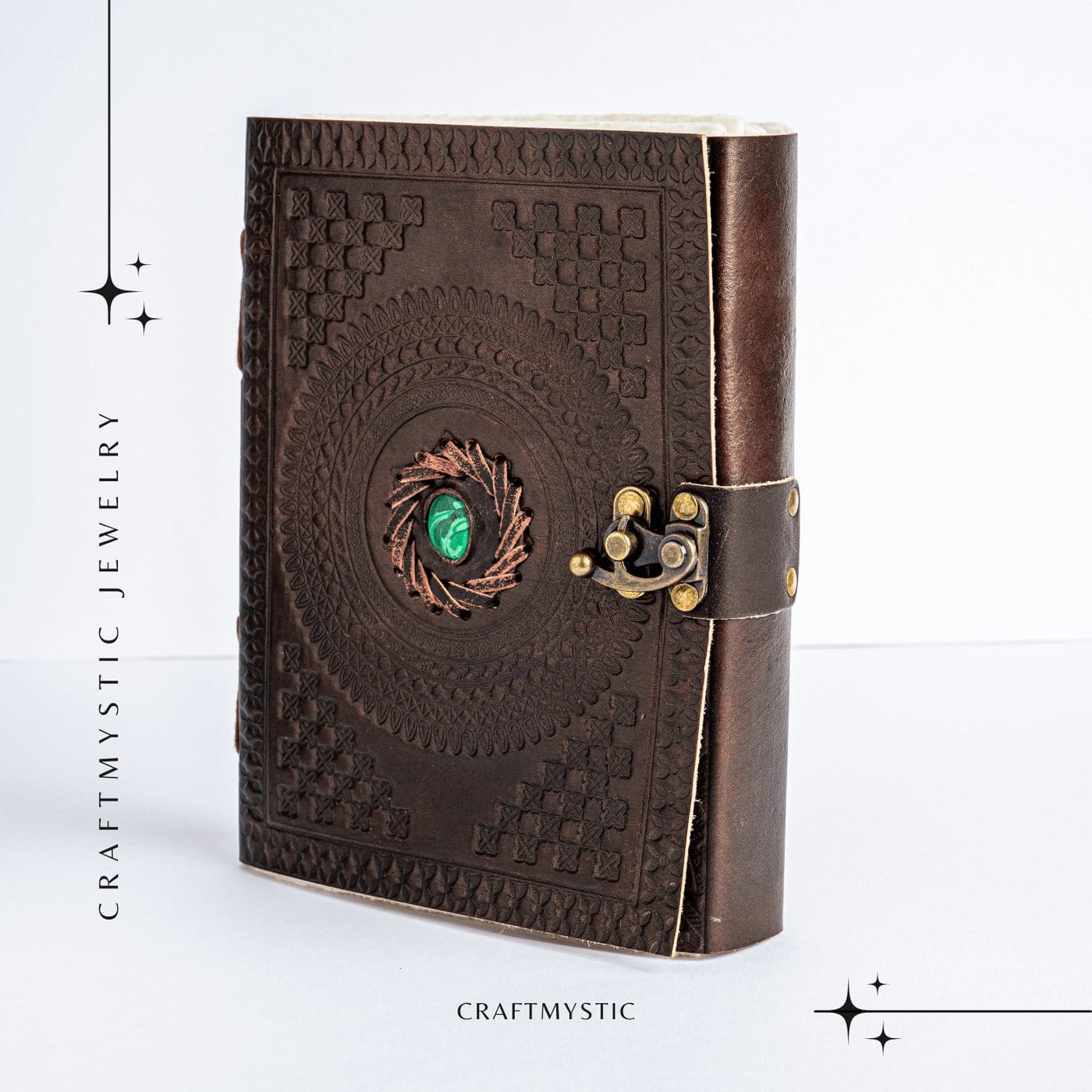 JurnaleVintage Jurnal 20x15 cm / Bumbac alb Jurnal din piele naturala cu piatra Malachit - Talisman pentru echilibru si claritate interioara