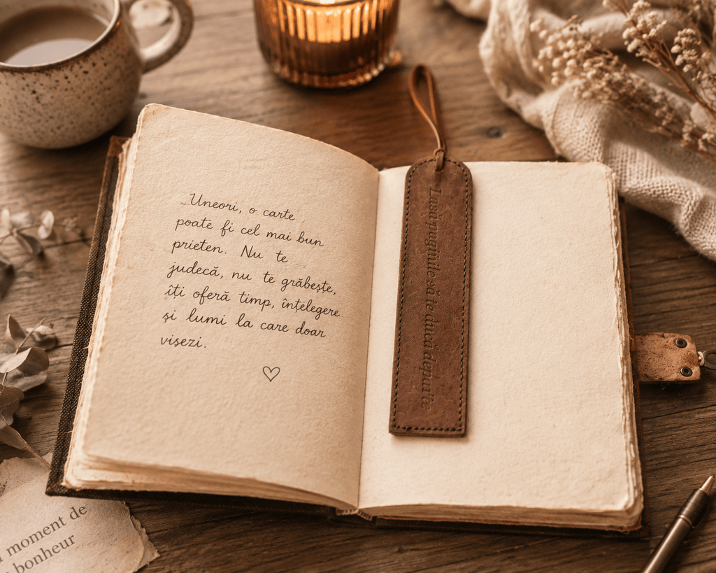 JurnaleVintage Semn de carte Semn de Carte din Piele Naturala cu Mesaj Gravat "O carte buna e un prieten tacut" - cadou elegant pentru iubitorii de carti