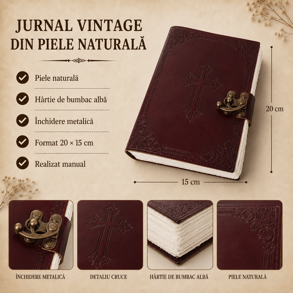 JurnaleVintage Jurnal Jurnal Vintage din Piele Naturală cu Cruce - hârtie bumbac alb 20x15 cm