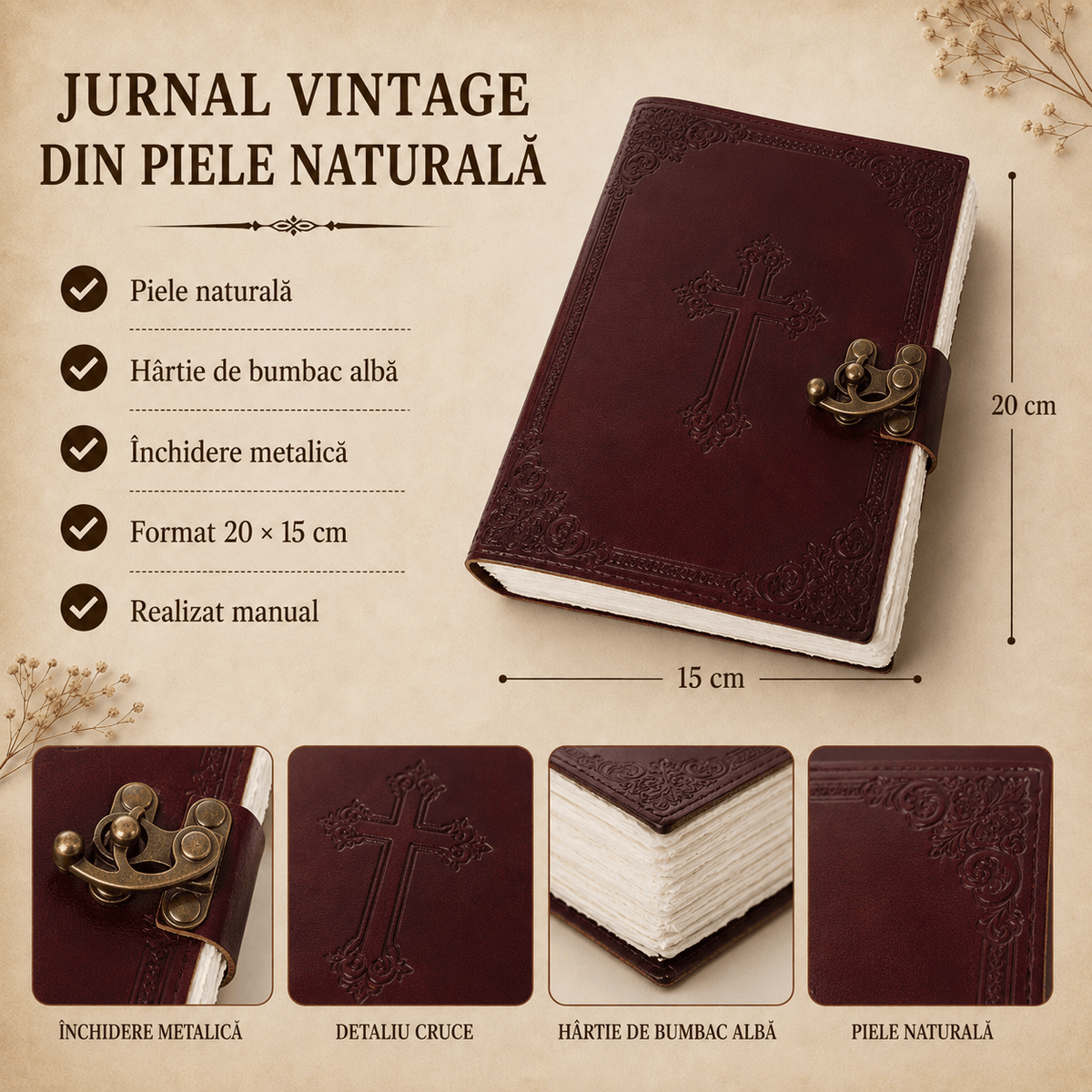 JurnaleVintage Jurnal Jurnal Vintage din Piele Naturală cu Cruce - hârtie bumbac alb 20x15 cm