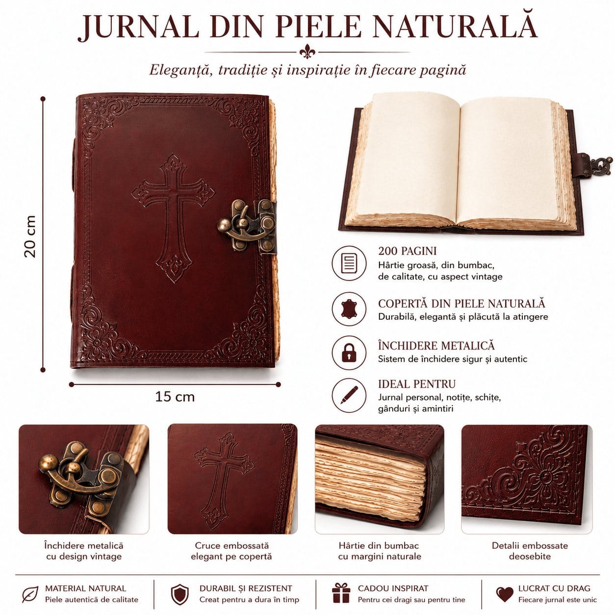 JurnaleVintage Jurnal Jurnal din Piele Naturala cu Cruce Embosata - Eleganta Vintage si Inspiratie Zilnica