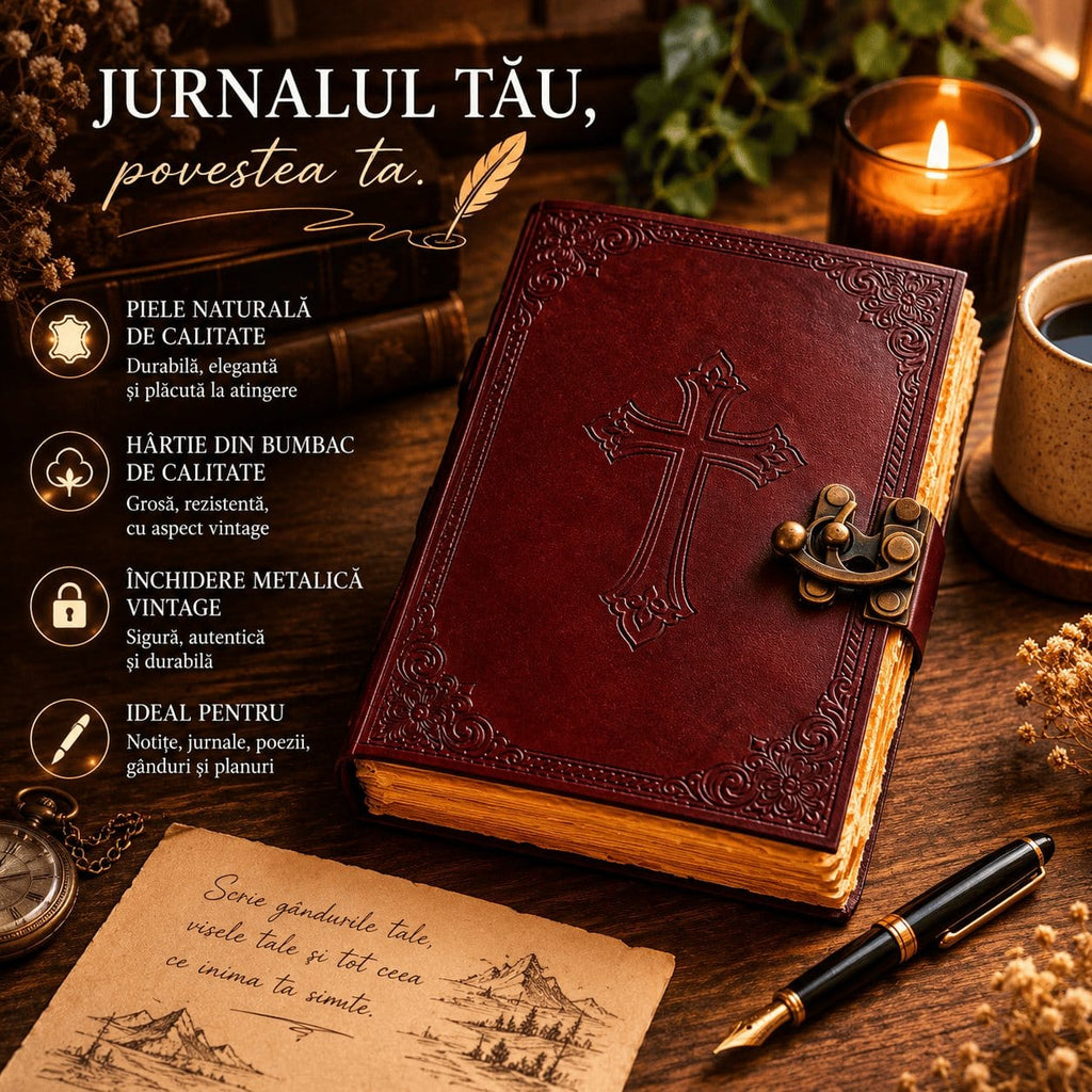 JurnaleVintage Jurnal Jurnal din Piele Naturala cu Cruce Embosata - Eleganta Vintage si Inspiratie Zilnica