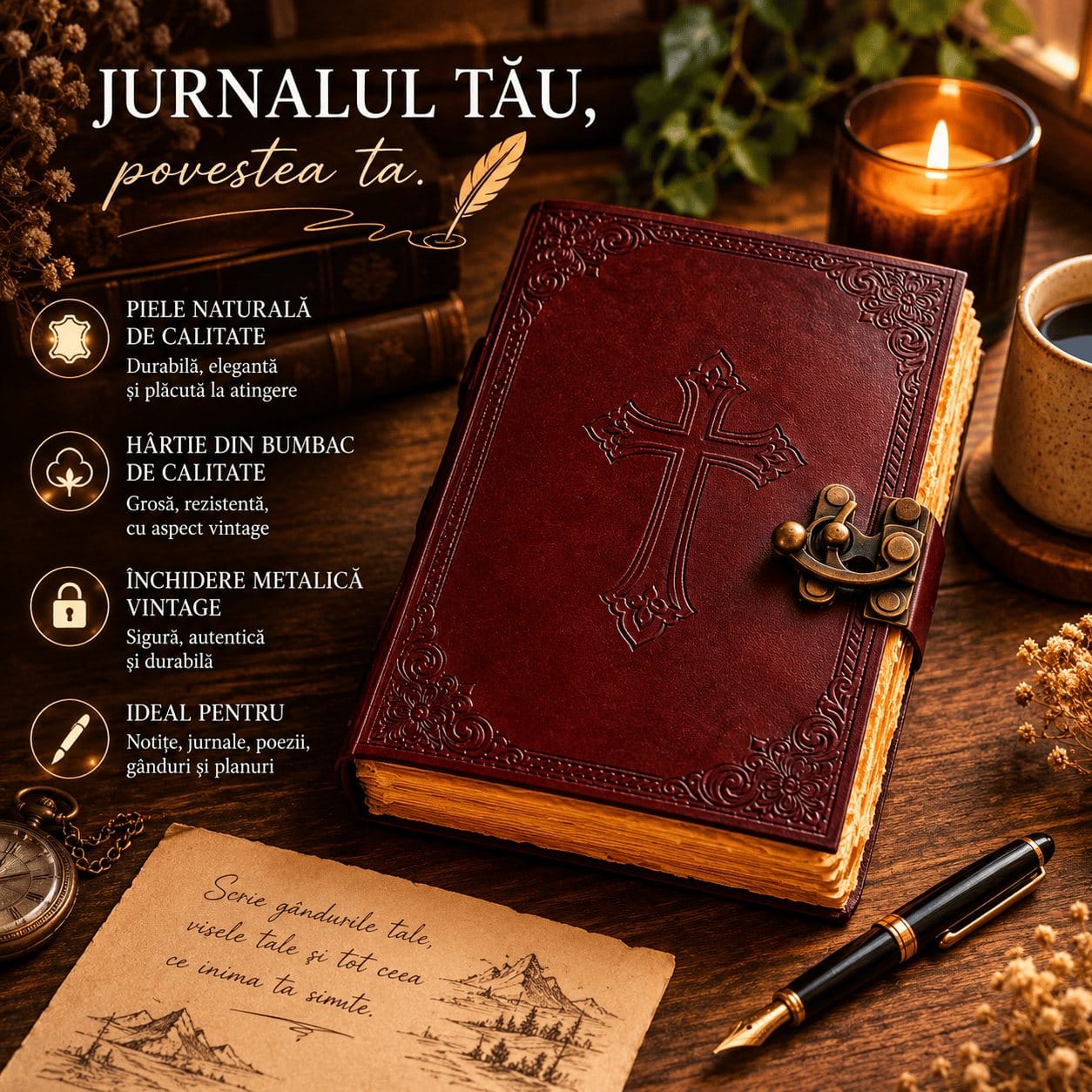 JurnaleVintage Jurnal Jurnal din Piele Naturala cu Cruce Embosata - Eleganta Vintage si Inspiratie Zilnica