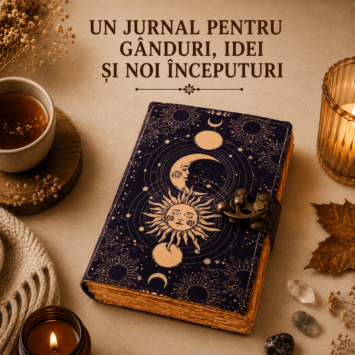 JurnaleVintage Jurnal Jurnal Fazele Lunii din Piele Naturală - hârtie bumbac galben 20x15 cm