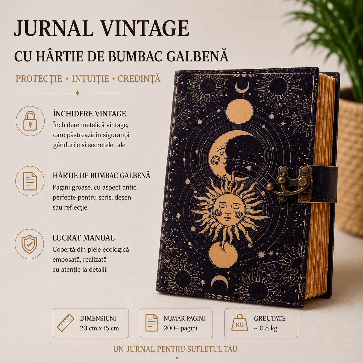 JurnaleVintage Jurnal Jurnal Fazele Lunii din Piele Naturală - hârtie bumbac galben 20x15 cm