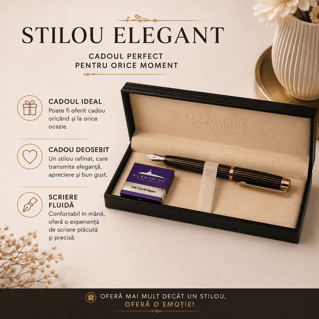 JurnaleVintage Set stilou Set stilou Submarine negru cu auriu și 5 rezerve