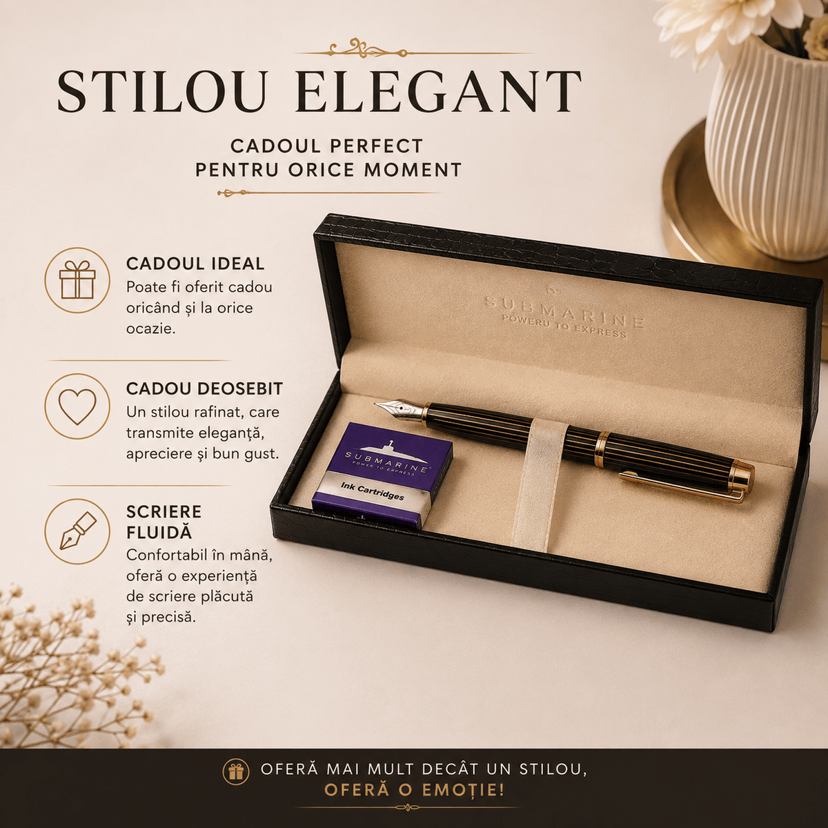 JurnaleVintage Set stilou Set stilou Submarine negru cu auriu și 5 rezerve