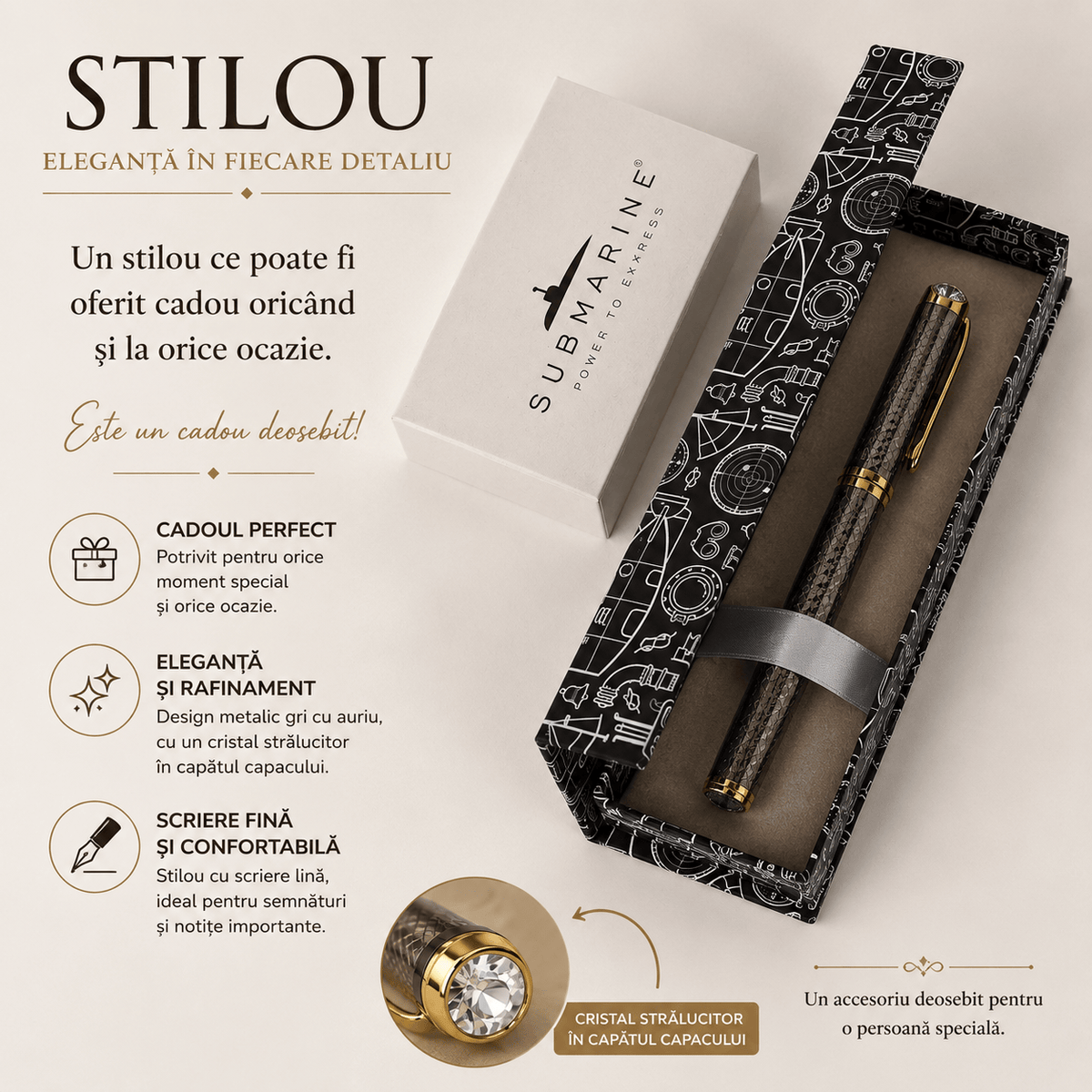 JurnaleVintage Stilou Stilou elegant gri cu auriu metalic - Cadou deosebit