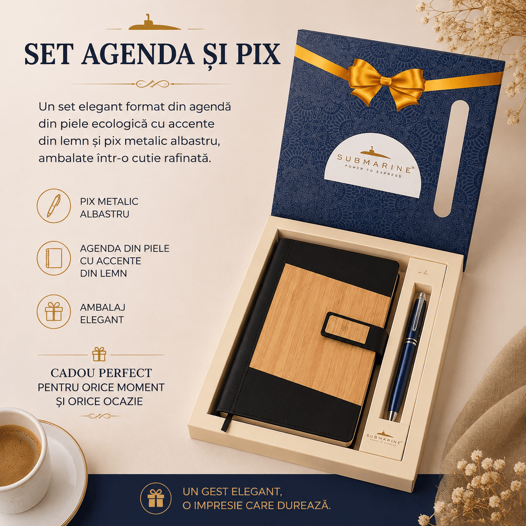 JurnaleVintage Set birou Set agendă și pix cu piele ecologică, lemn și metal, Submarine – Un cadou ideal pentru cineva drag