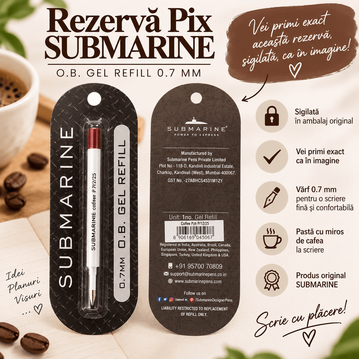 Submarine Rezervă pix Rezervă Pix Submarine Coffee O.B. Gel 0.7 mm cu Miros de Cafea