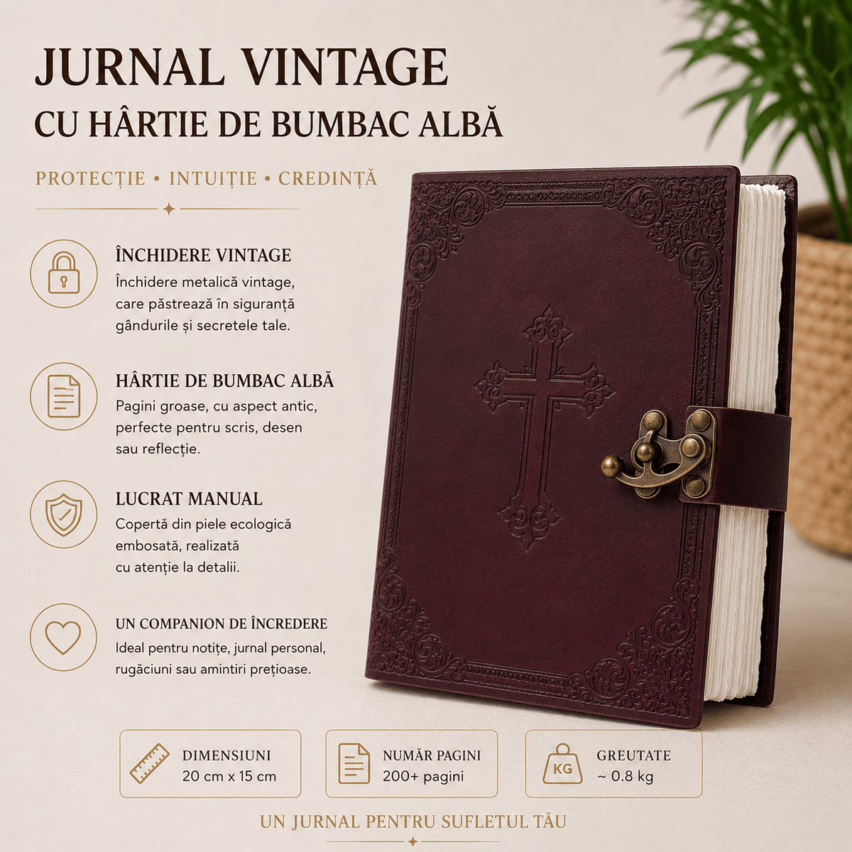 JurnaleVintage Jurnal Jurnal Vintage din Piele Naturală cu Cruce - hârtie bumbac alb 20x15 cm