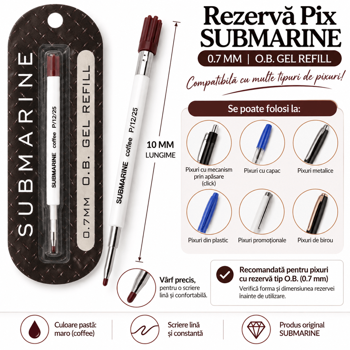 Submarine Rezervă pix Rezervă Pix Submarine Coffee O.B. Gel 0.7 mm cu Miros de Cafea