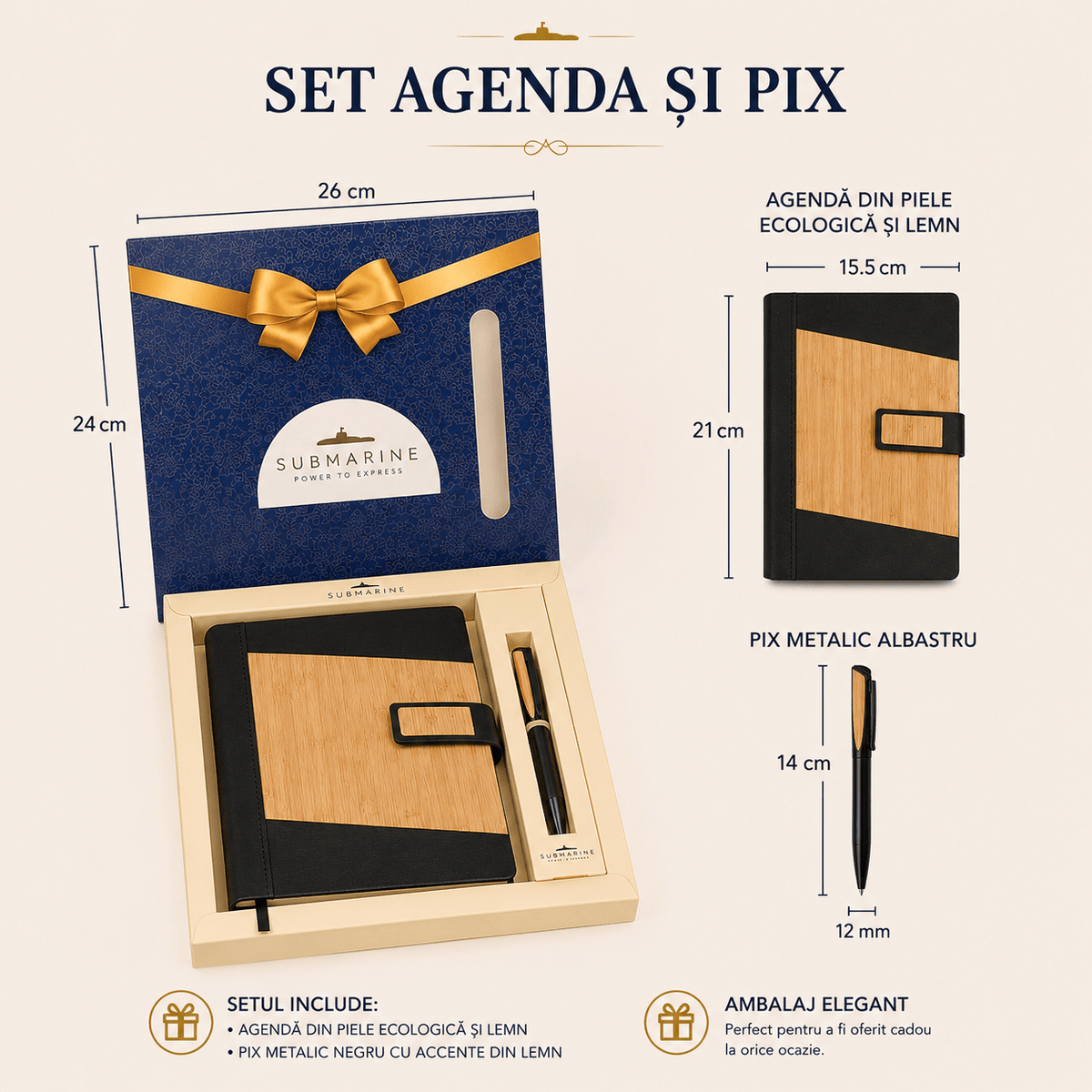 JurnaleVintage Set birou Set agendă și pix cu piele ecologică, lemn și metal, Submarine – Un cadou ideal pentru cineva drag