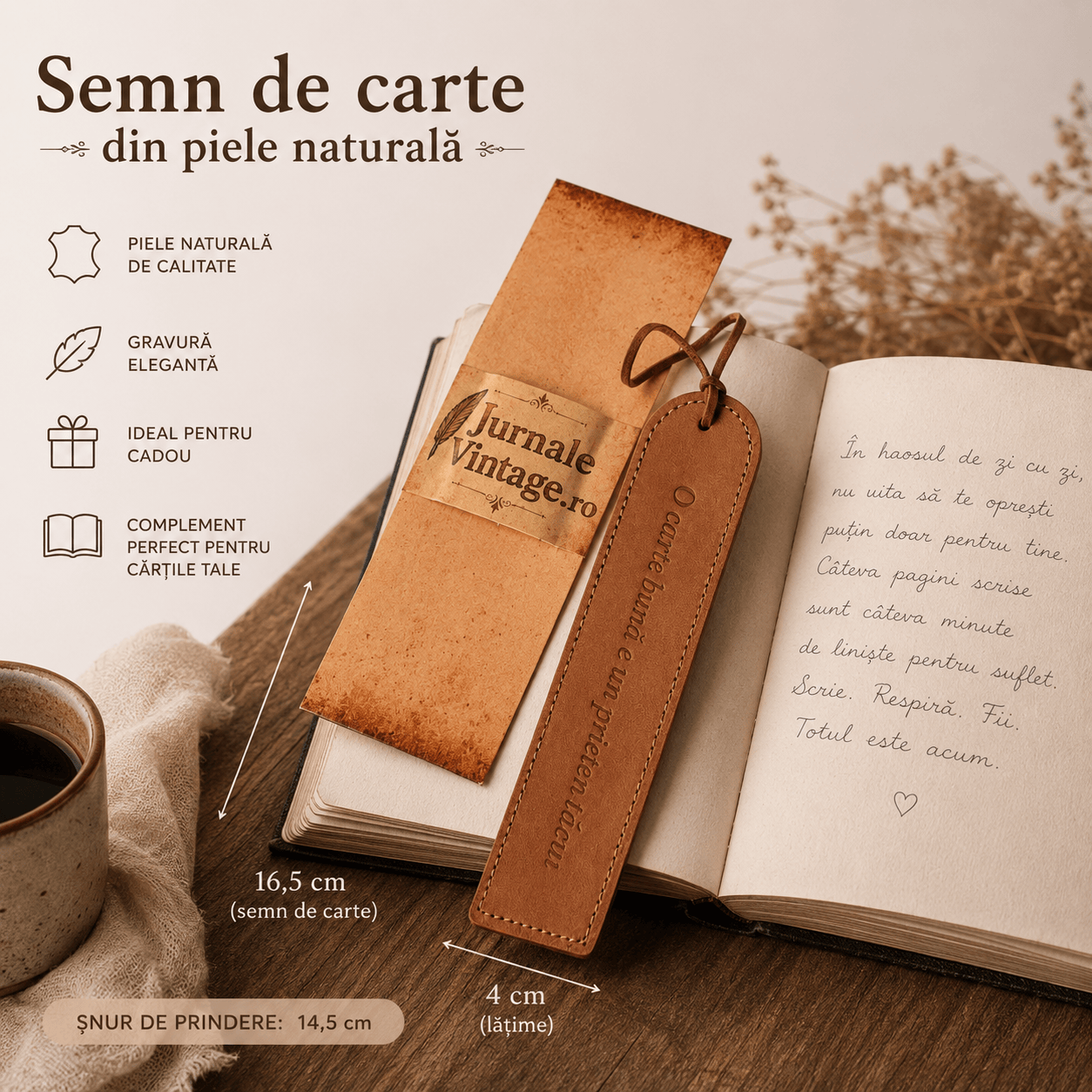 JurnaleVintage Semn de carte Semn de Carte din Piele Naturala cu Mesaj Gravat "O carte buna e un prieten tacut" - cadou elegant pentru iubitorii de carti