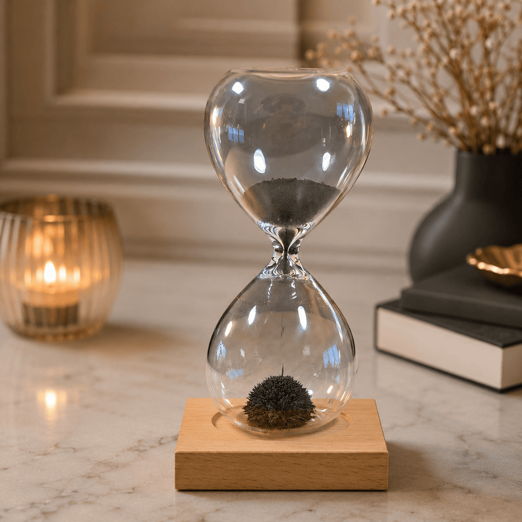 CraftMystic Decor birou Clepsidra Magnetica cu Particule Metalice si Suport din Lemn - Relaxare si Focus