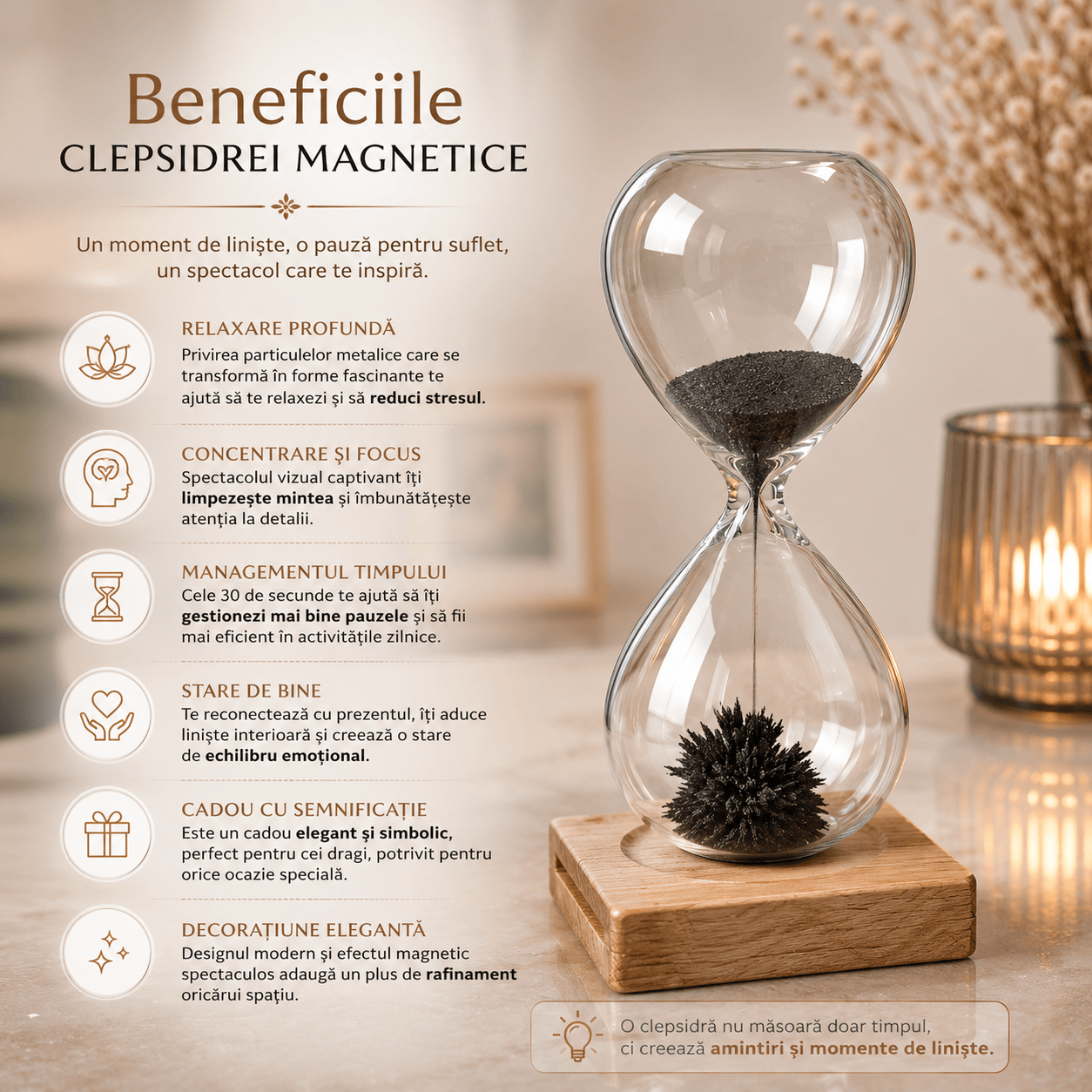 CraftMystic Decor birou Clepsidra Magnetica cu Particule Metalice si Suport din Lemn - Relaxare si Focus