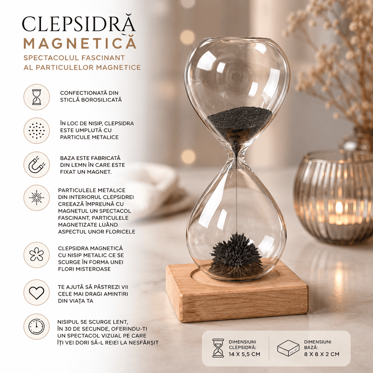 CraftMystic Decor birou Clepsidra Magnetica cu Particule Metalice si Suport din Lemn - Relaxare si Focus