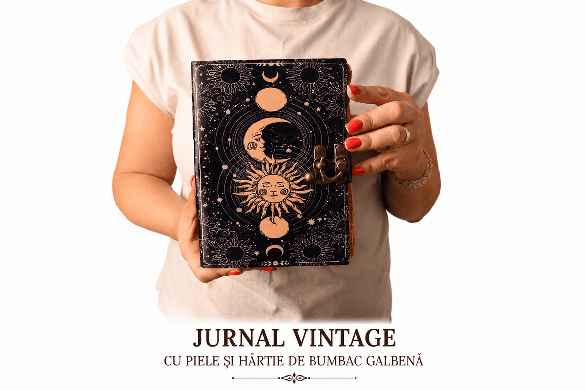 JurnaleVintage Jurnal Jurnal Fazele Lunii din Piele Naturală - hârtie bumbac galben 20x15 cm