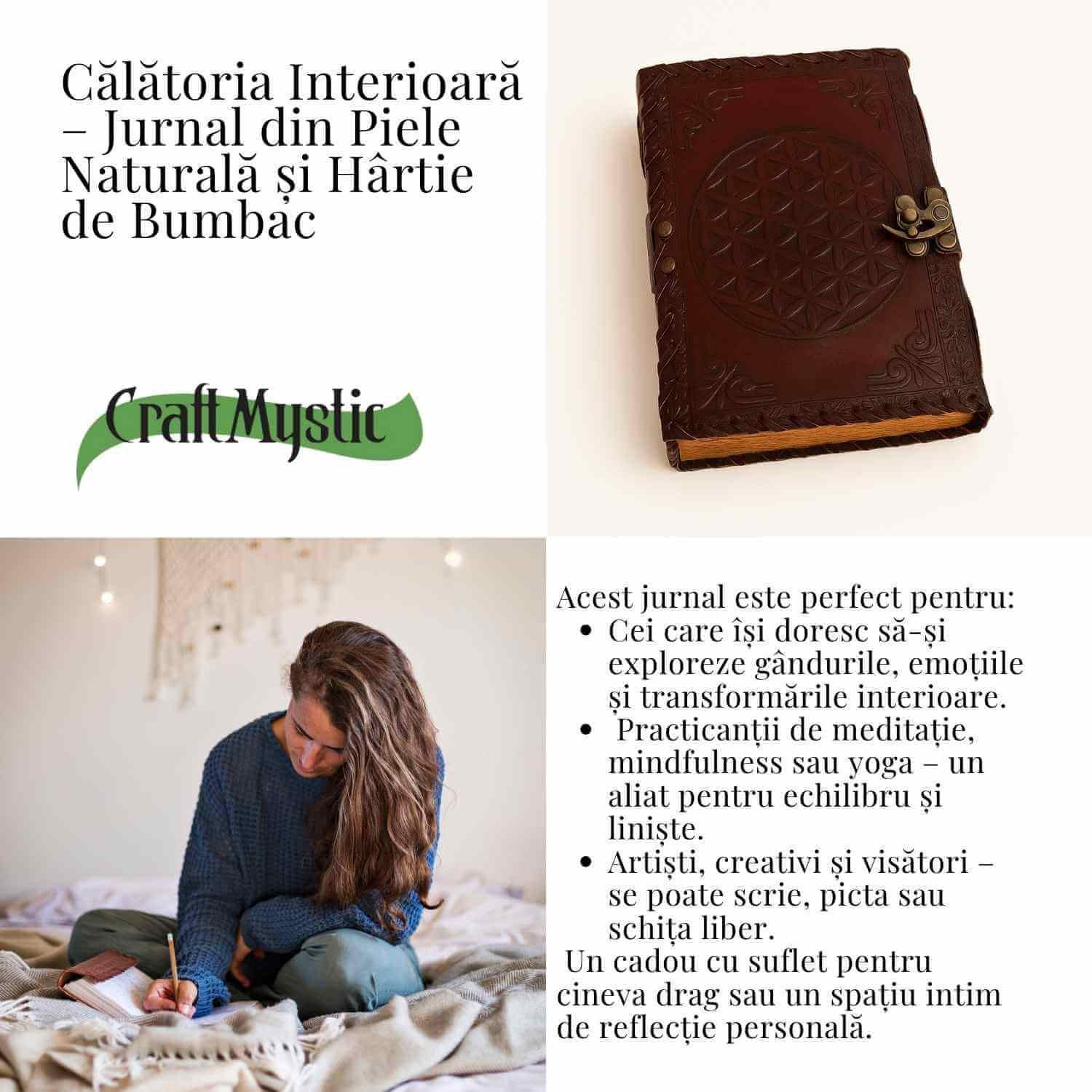 Coperta close-up — textura piele si gravura jurnal vintage