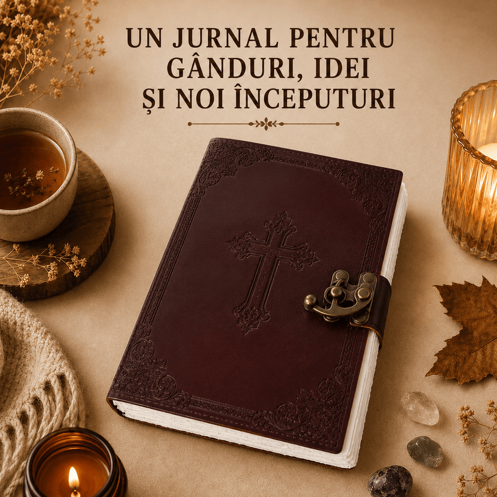 JurnaleVintage Jurnal Jurnal Vintage din Piele Naturală cu Cruce - hârtie bumbac alb 20x15 cm