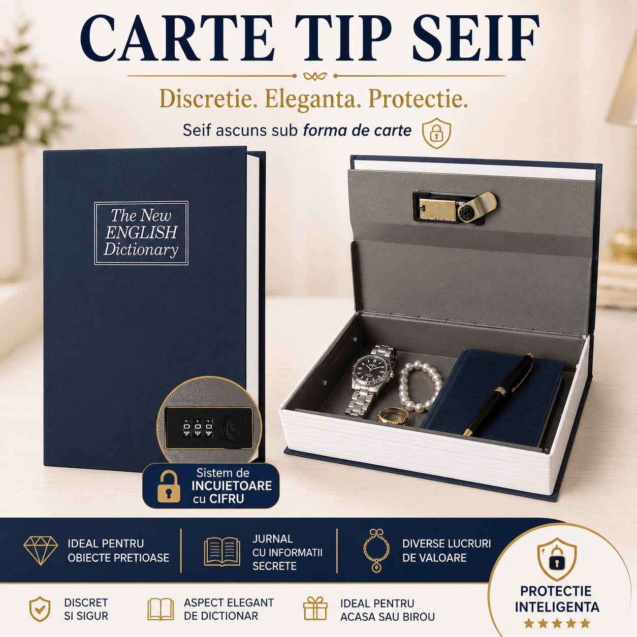 CraftMystic Seif decorativ Seif Tip Carte cu Inchidere Cifru - Protectie Discreta pentru Obiecte de Valoare