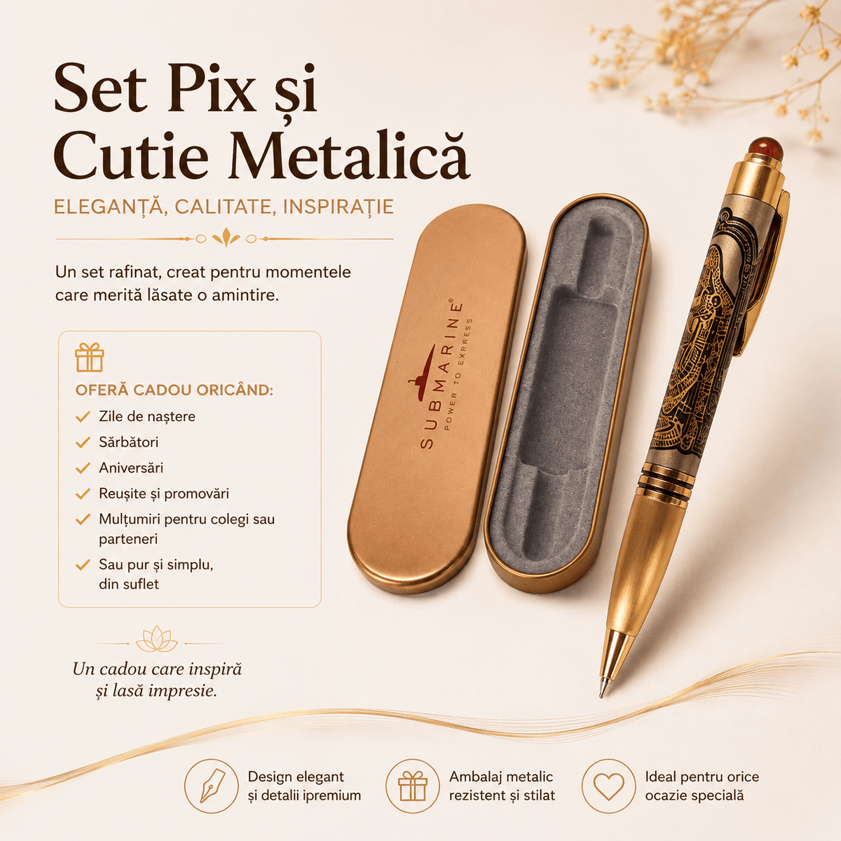JurnaleVintage Pix Pix metalic cu Rudraksha și cutie metalică - design auriu