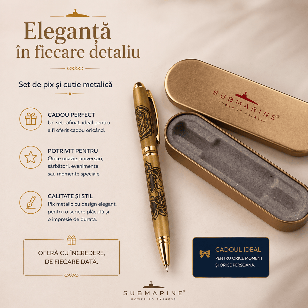 JurnaleVintage Set stilou Set pix metalic cu design floral și cutie metalică - Cadou deosebit